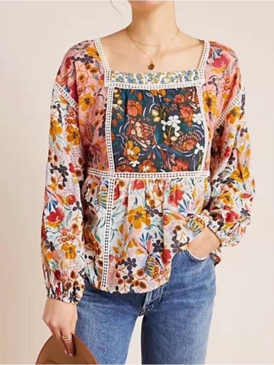Maeve Tops - Maeve Anthropologie Nikki Peasant Blouse Women’s XS Floral Boho Lace Trim